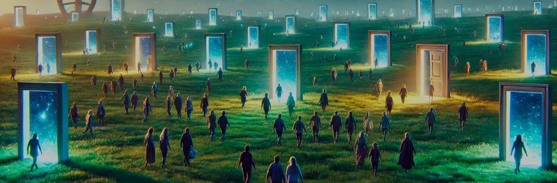 Ilustración. En un paisaje nocturno, bajo un cielo estrellado con una galaxia luminosa y un planeta con una luna visible, se extiende un campo verde con múltiples puertas abiertas que emiten una luz azul brillante. Numerosas personas caminan hacia las puertas, algunas ya han cruzado. A la izquierda, se observan estructuras antiguas y una gran esfera metálica con anillos. 
