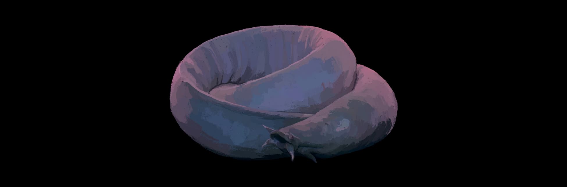Ilustración. Pez bruja o mixino. Es un pez alargado sin escamas y de color morado. Está enrollado sobre sí mismo.