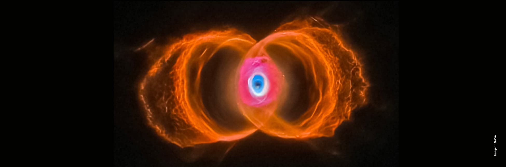 foto. En el fondo una una imagen de una nebulosa, tiene dos círculos naranjados que se interceptan. Al frente el dibujo en caricatura de un hombre con pelo crespo y gafas que sonrié.