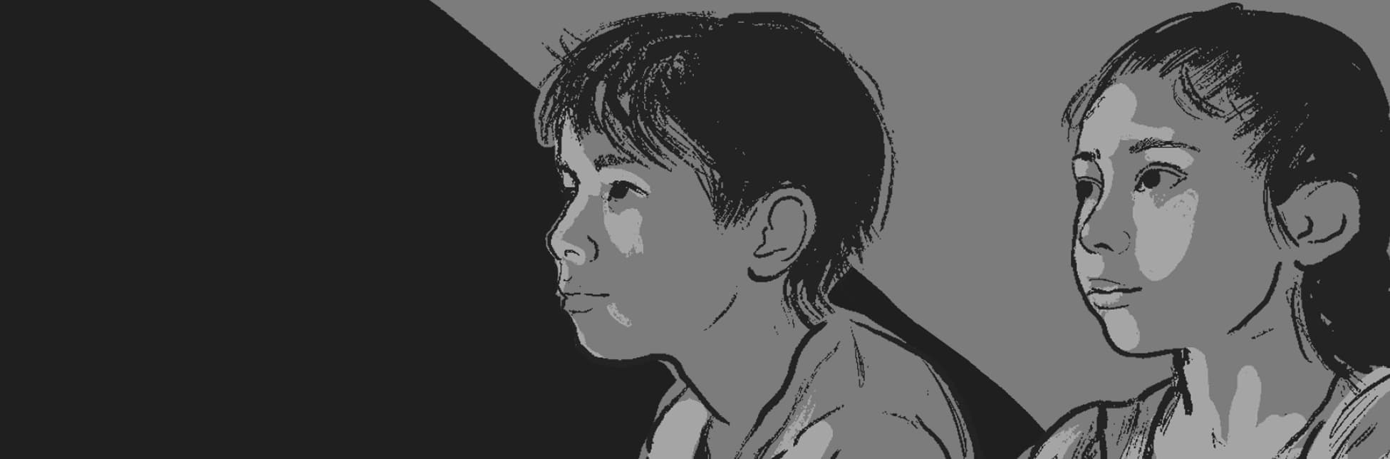 Ilustración. Sobre un fondo en tonos grises y negros, dos figuras infantiles —un niño y una niña— observan atentamente hacia la izquierda. Sus rostros están modelados en escala de grises, con trazos marcados que acentúan sombras y contornos.