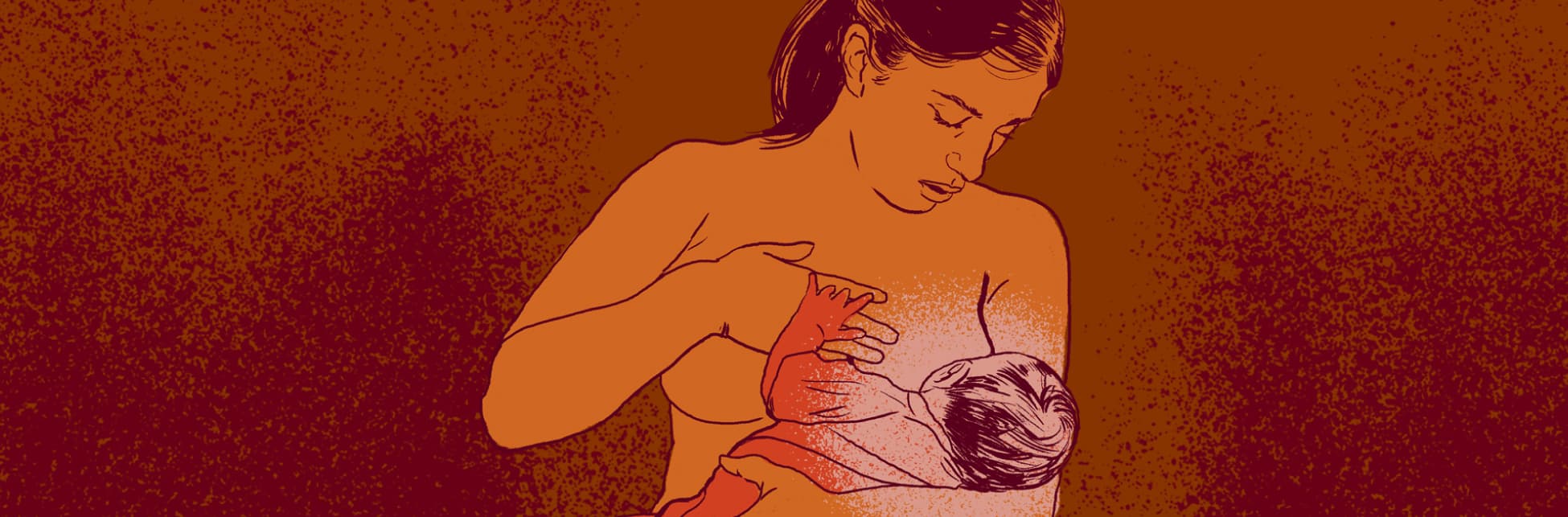 Ilustración. Sobre un fondo naranja oscuro, una mujer amamanta a un bebé.