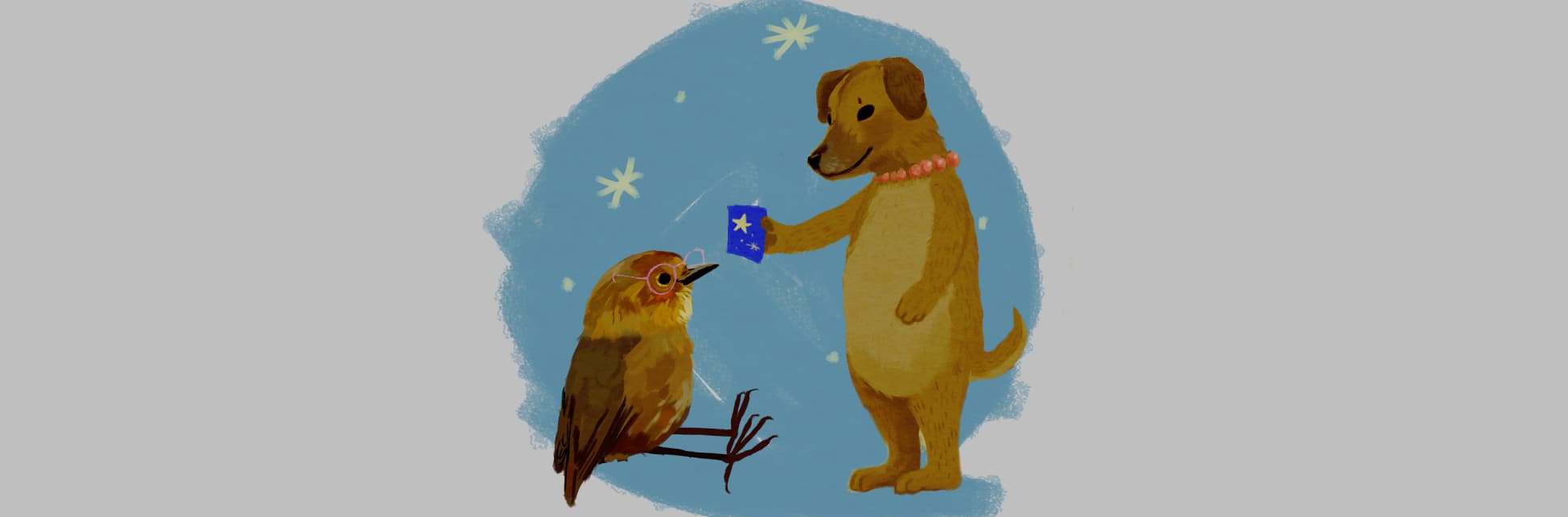 Ilustración. En la parte inferior de la imagen un perro personificado de pie sobre sus patas traseras y con un collar de perlas en el cuello, con su pata superior sostiene un objeto cuadrado que tiene dibujada una estrella y se lo muestra a un pajarito que está sentado frente a ella con lentes redondos.