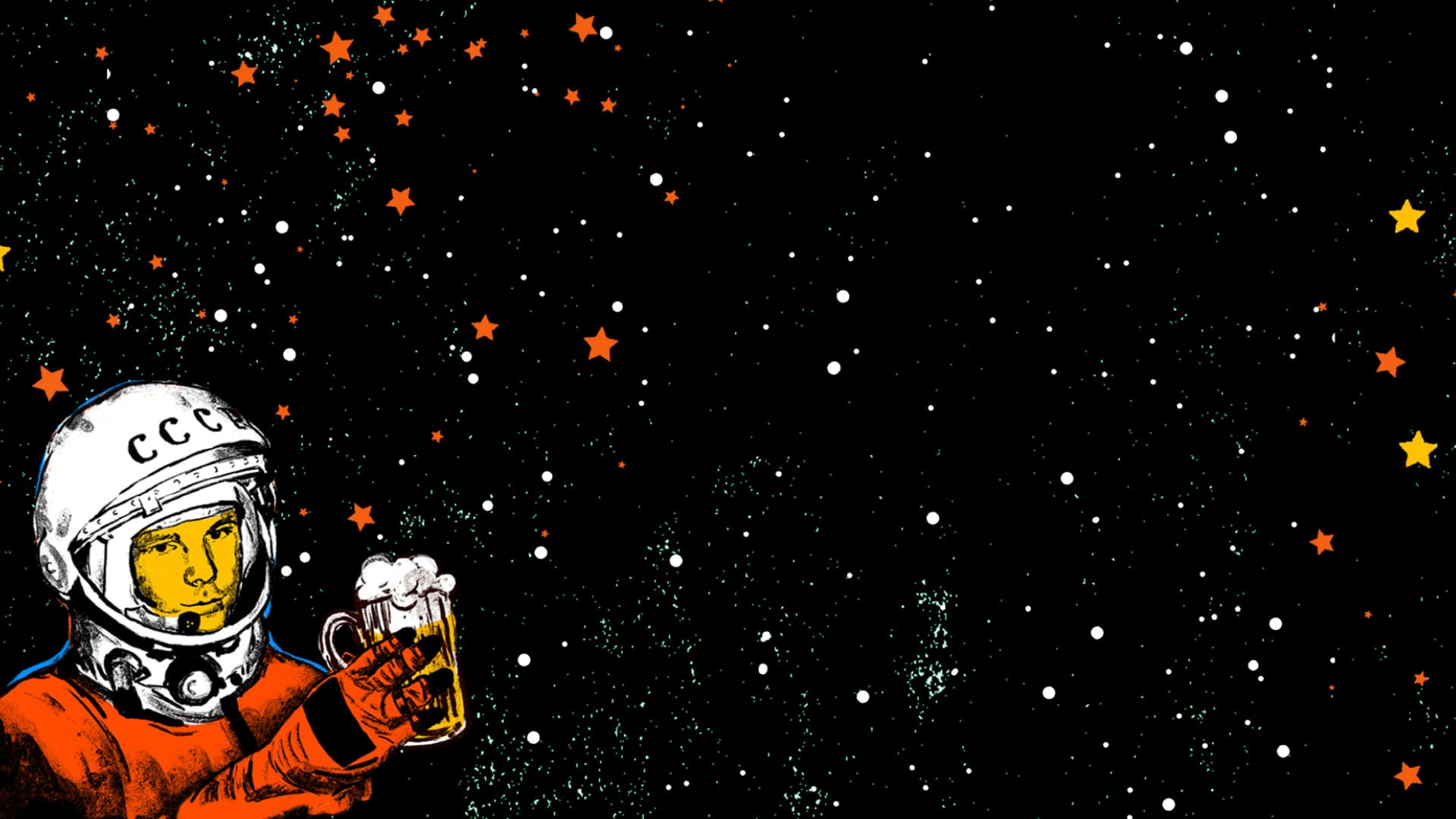Ilustración. Sobre un fondo negro muchas estrellas de colores y en la esquina un hombre con traje de cosmonauta con una cerveza en la mano. 