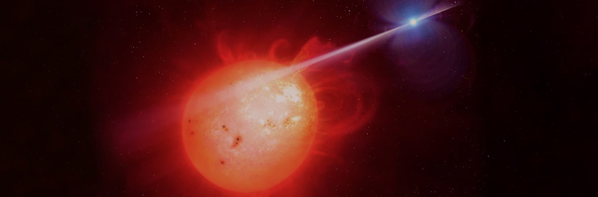 Ilustración. En el una estrella naranjada que arroja llamaradas al espacio. Muy cerca hay otra estrellas, mucho más pequeña y de color blanco. 