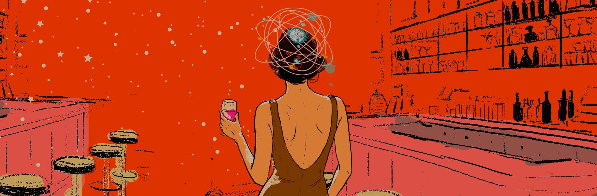 Ilustración. En el interior de un bar con tonos rojizos, una mujer de espaldas sostiene un vaso con una bebida rosada. Viste un vestido marrón de espalda descubierta. Sobre su cabeza flotan múltiples líneas curvas entrelazadas con pequeños puntos brillantes. A su alrededor hay taburetes y estantes con botellas y copas.