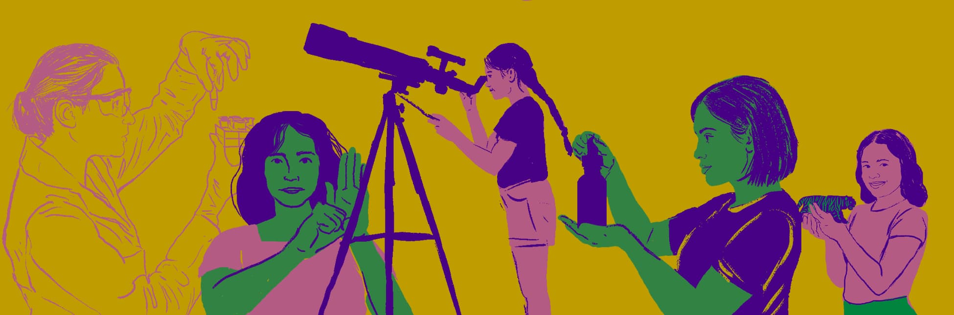 Ilustración. Sobre un fondo amarillo, se presenta una composición ampliada de figuras ilustradas de mujeres y niñas en actividades científicas: una observa por un telescopio, otra manipula recipientes, otra sostiene un objeto y otra muestra un gesto con la mano.