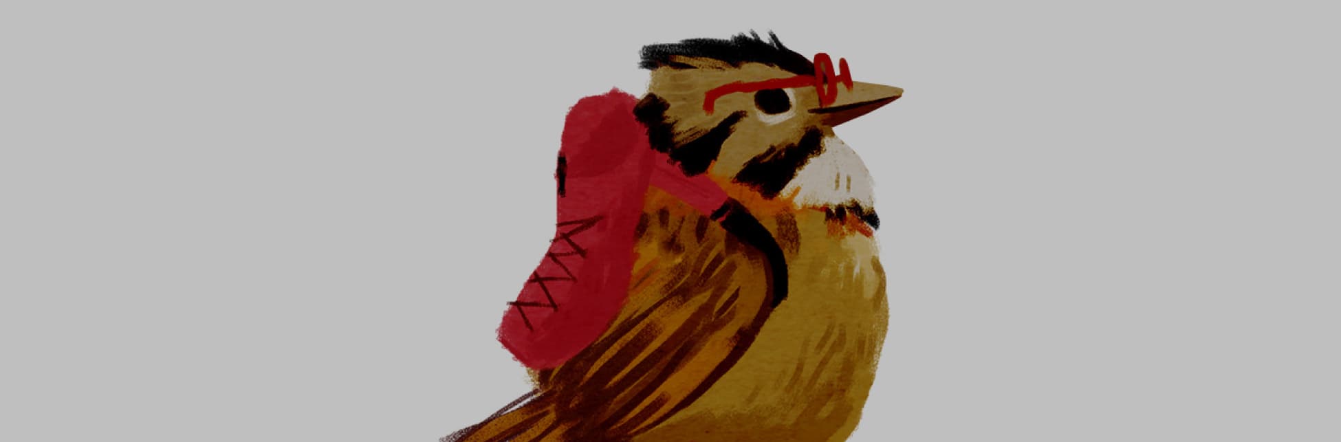 Ilustración. En la parte inferior izquierda de la imagen un pajarito pequeño de perfil y de cuerpo entero, tiene sobre su espalda un morral color rojo y sobre su piquito reposan unas gafas del mismo color. 