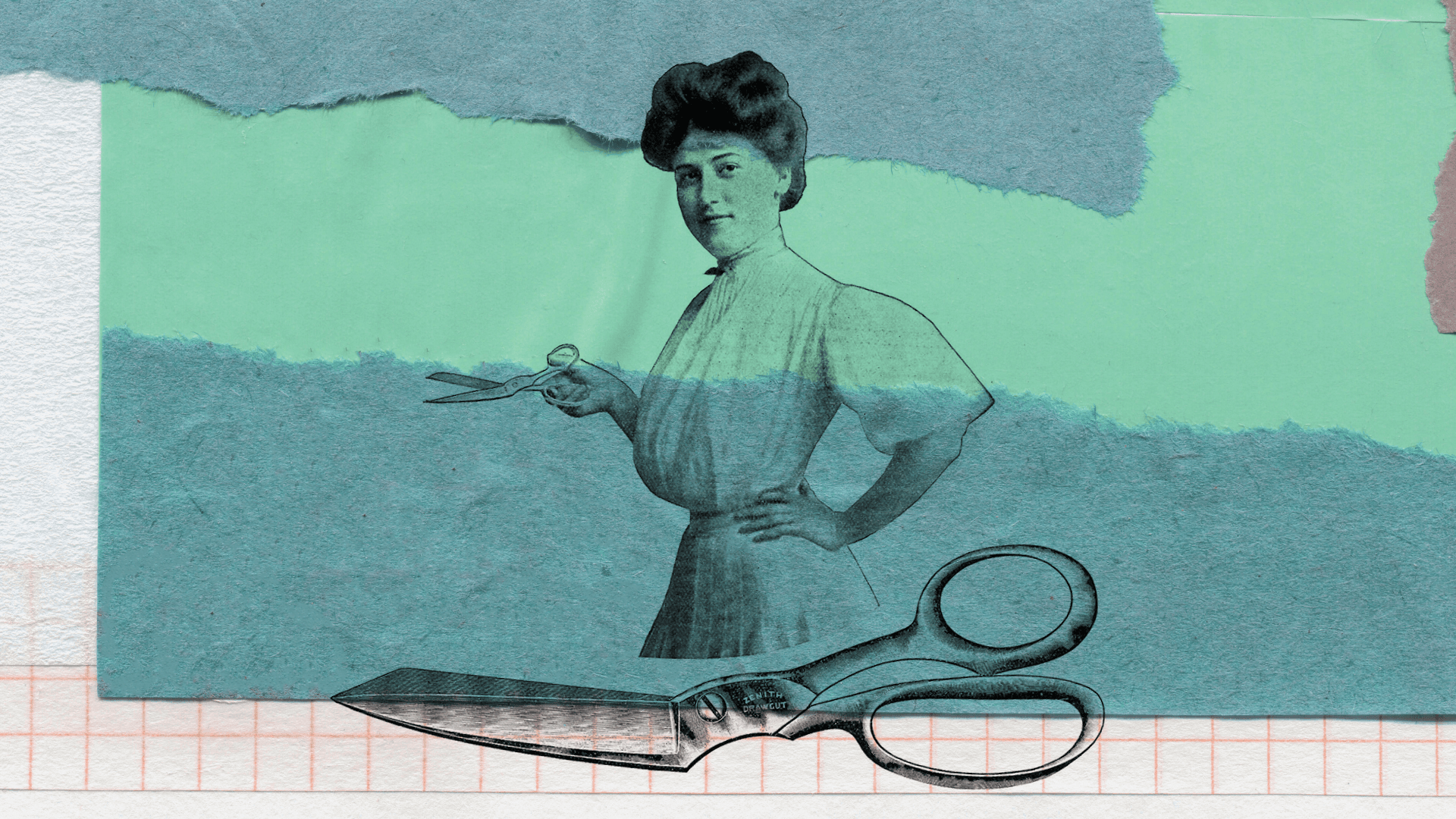 Collage. En el fondo, una hoja de cuadrículas naranja. Sobre esta hoja, un papel verde claro con papel rasgado verde oscuro, pegado. Sobre estas capas de papel, hay una mujer de los años 40 ilustrada a tinta negra. Sostiene en sus manos unas tijeras y mira a los ojos de quien la observa. Debajo de ella sobresalen ilustradas las mismas tijeras. 