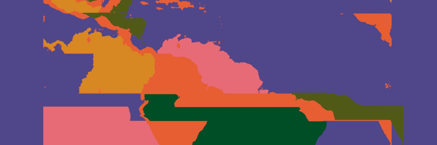 Ilustración. Un mapa del continente de América en colores azul, verde, rosa, naranja.