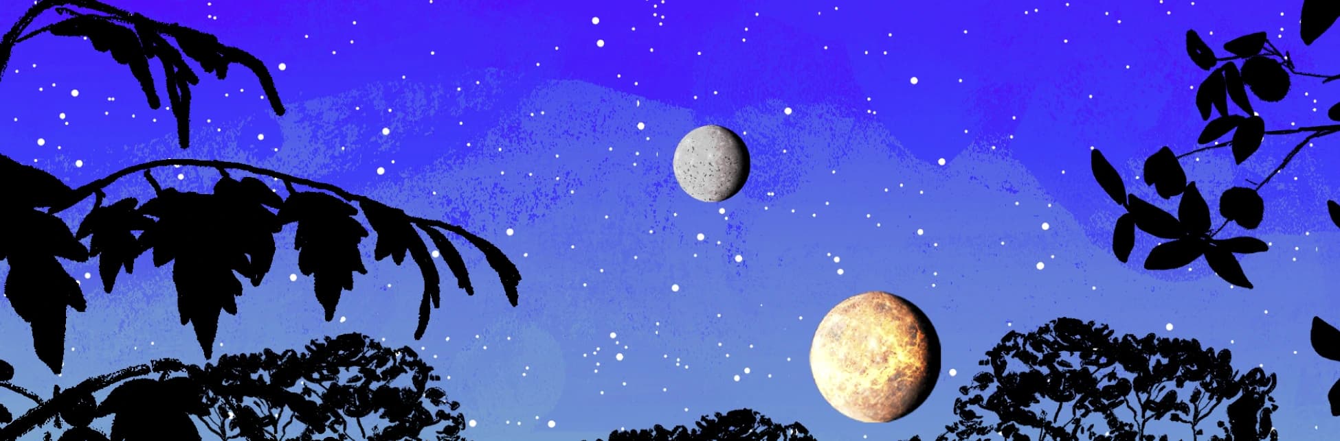 Ilustración. El fondo es un cielo en tonos morados y azules con pequeñas estrellas dispersas. En el centro se observan dos planetas, uno gris con superficie rocosa y otro anaranjado brillante. En la parte inferior aparecen siluetas de árboles y ramas que enmarcan la escena. 
