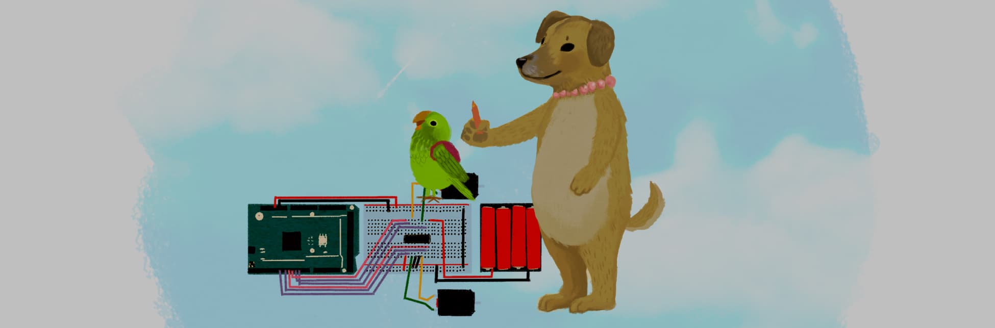Ilustración. Un perro parado en sus patas traseras sostiene un lápiz con una de sus patas traseras. A su lado hay un loro con un morral en la espalda y está perchado sobre un circuito eléctrico.