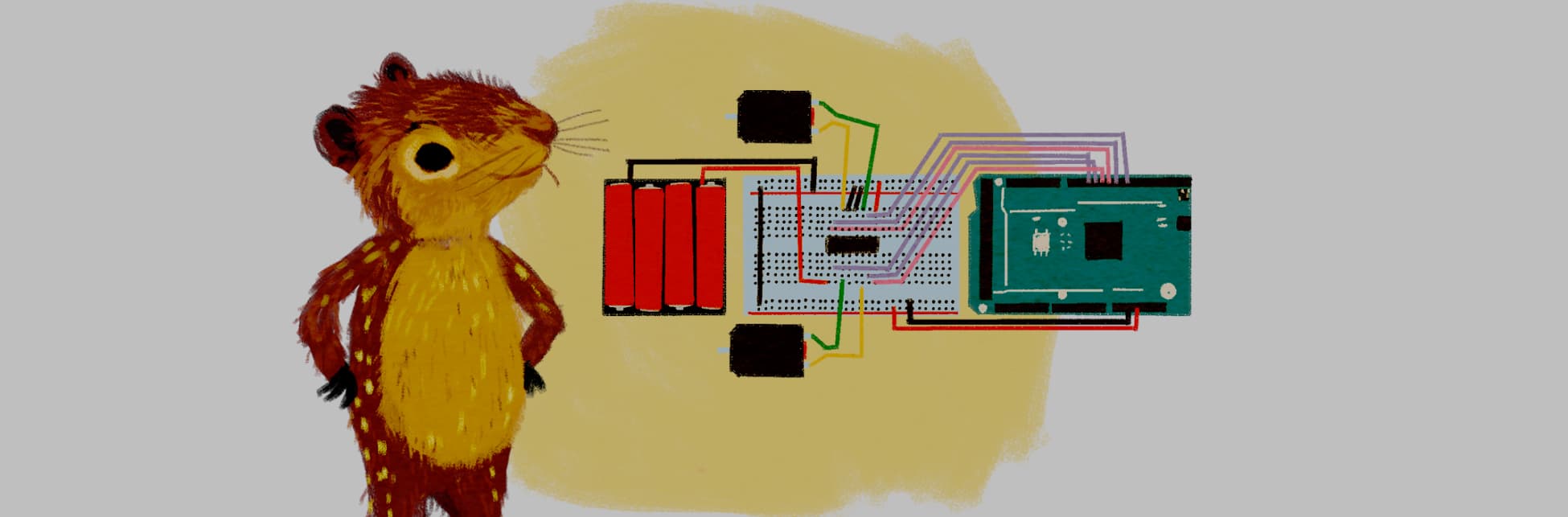 Ilustración. De cuerpo entero y de perfil, una paca personificada se para en sus patas traseras y pone las delanteras en jarras. Mira un circuito electrónico a su izquierda.
