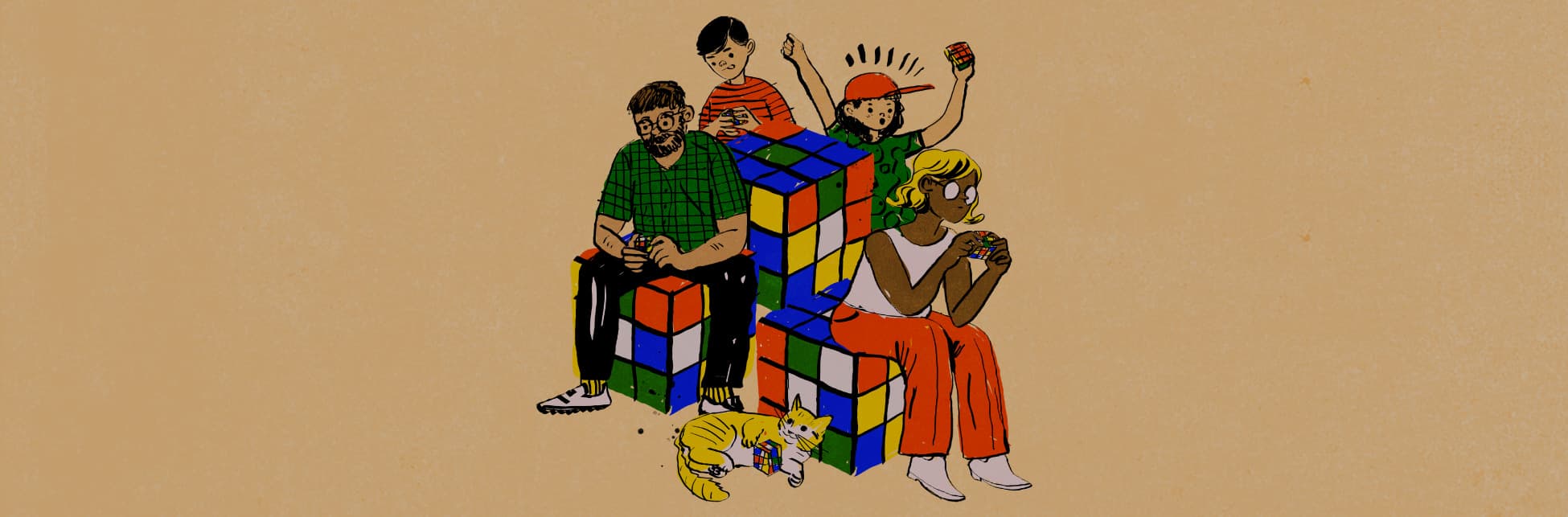 Ilustración. Hay tres cubos de Rubik apilados, con varias personas sentadas sobre ellos. En uno de los cubos, un hombre con una camisa de cuadros verdes examina atentamente otro cubo que sostiene entre sus manos a su lado una mujer con cabello corto resuelve un cubo mientras lo sostiene en sus manos. Detrás de ella, una niña celebra con otro cubo en la mano, mientras que a su lado un niño está concentrado resolviendo otro cubo. 