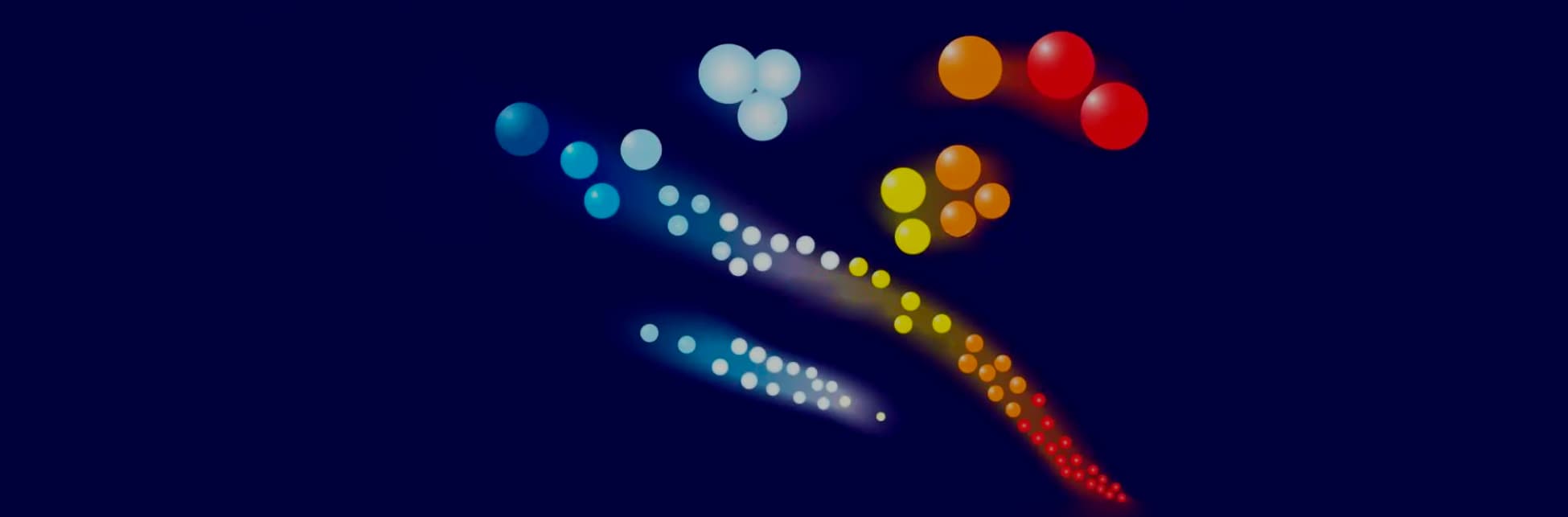 Ilustración. Sobre un fondo azul oscuro, se observan varias esferas luminosas de diferentes tamaños y colores organizadas en patrones curvos.