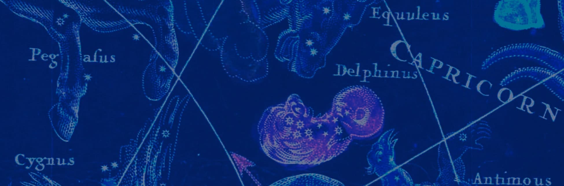 Ilustración. Un fondo azul con ilustraciones de constelaciones, figuras celestes y líneas de mapa estelar.