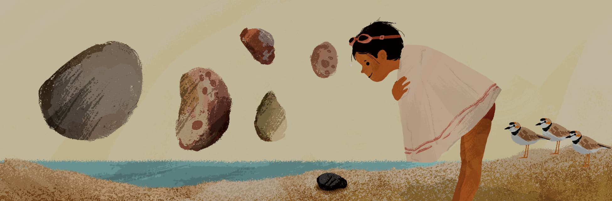 Ilustración. Sobre un fondo playero aparece una niña cubierta por una toalla que mira, ligeramente inclinada hacia adelante, varias piedras de diferentes tamaños y colores. 