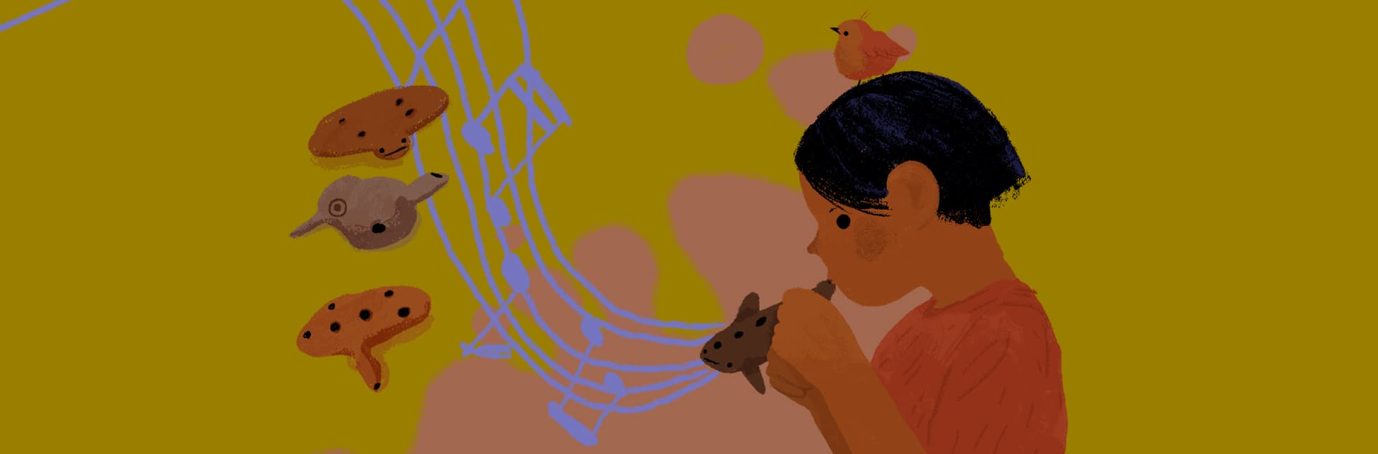 Ilustración. En la parte inferior de la imagen un niño en primer plano y de perfil sostiene entre sus manos y su boca un objeto alargado que parece un animal café con tres puntos negros encima del que sale una partitura musical Sobre su cabeza hay un pajarito pequeño naranjado. Al fondo varios objetos iguales