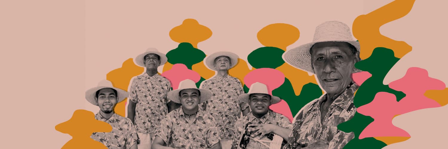  Sobre un fondo color beige, se ve un grupo de hombres con sombreros de paja y camisas estampadas, colocados frente a un fondo con formas abstractas en colores verde, rosa, amarillo y naranja.






