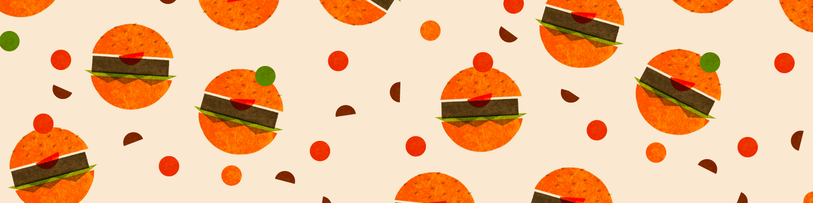Ilustración. Aparecen dibujadas en desorden hamburguesas, de ellas salen círculos de colores.