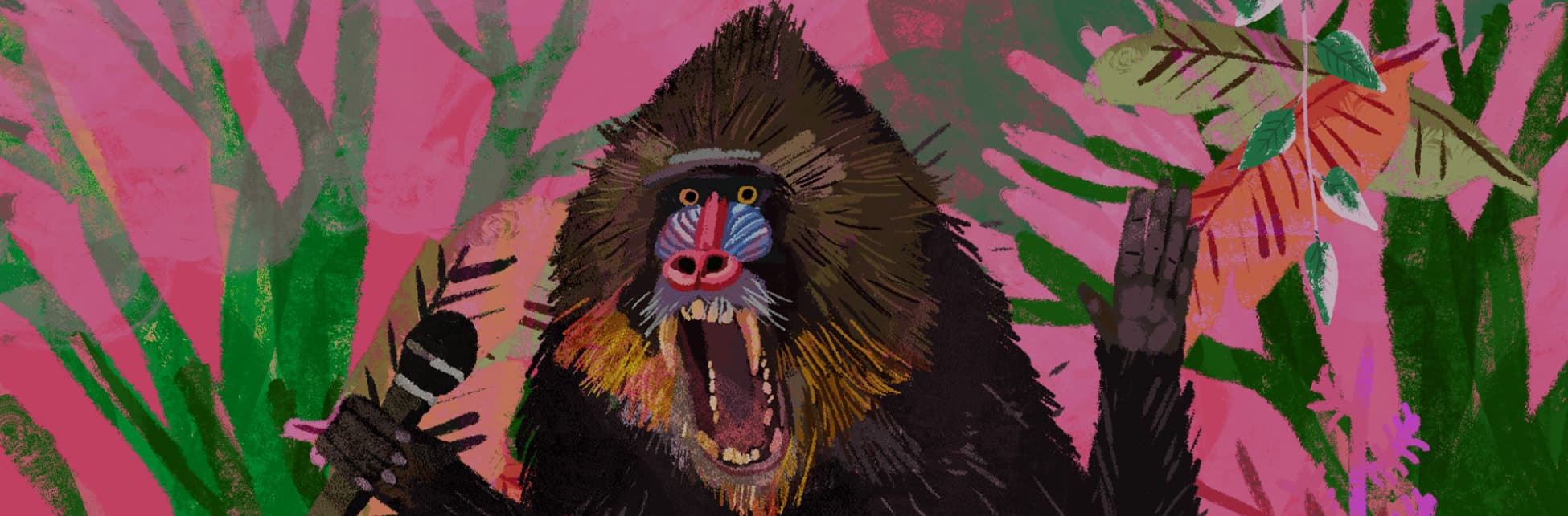 Ilustración. Sobre un fondo de plantas, de frente y en primer plano, se ve un mandril con la boca abierta. Tiene ambos brazos levantados y en uno de ellos sostiene un micrófono.