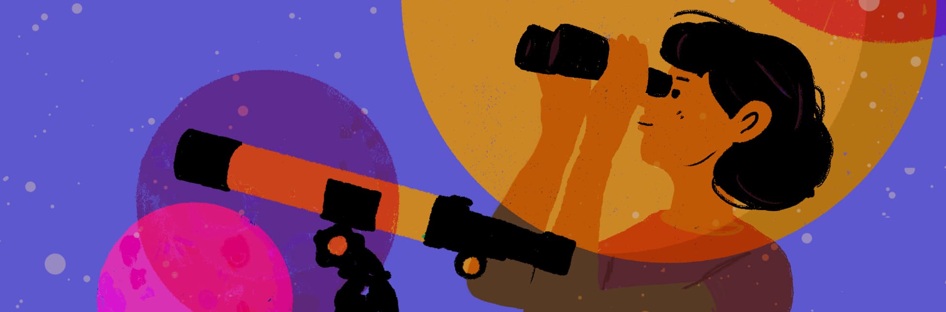 Ilustración. Sobre un fondo colorido con esferas, se ve una persona de lado observando a través de binoculares que sostiene con ambas manos. Está parada frente a un telescopio. 