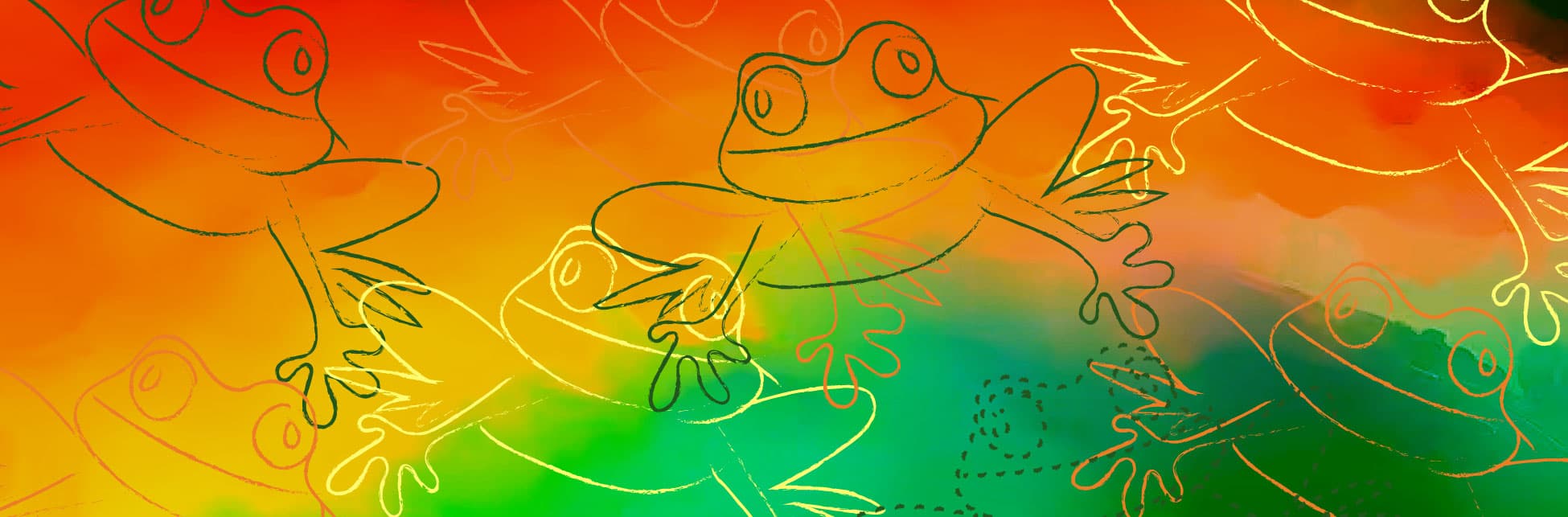 Ilustración. Sobre un fondo con un degradado que va del naranja al verde, aparecen varios dibujos lineales de ranas en distintas posiciones, con líneas simples y expresiones alegres. Las ranas están distribuidas en diferentes tamaños y orientaciones. Algunas de las ranas tienen líneas discontinuas que simulan huellas o trayectorias.