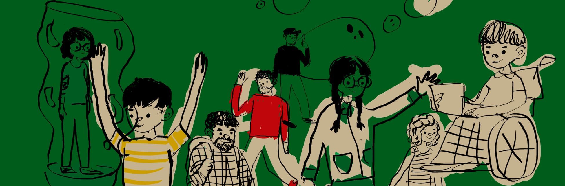Ilustración. Sobre un fondo verde hay ilustradas muchas personas de edades y géneros diversos, caminando, inflando burbujas de jabón, saludando.
