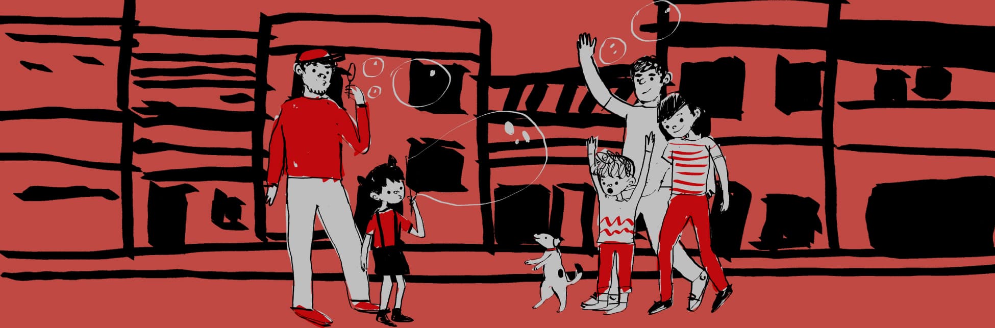 Ilustración. A un lado, una niña y un hombre soplan burbujas. Frente a ellos, tres personas y un perrito, parado sobre sus patas traseras, juegan con las burbujas.