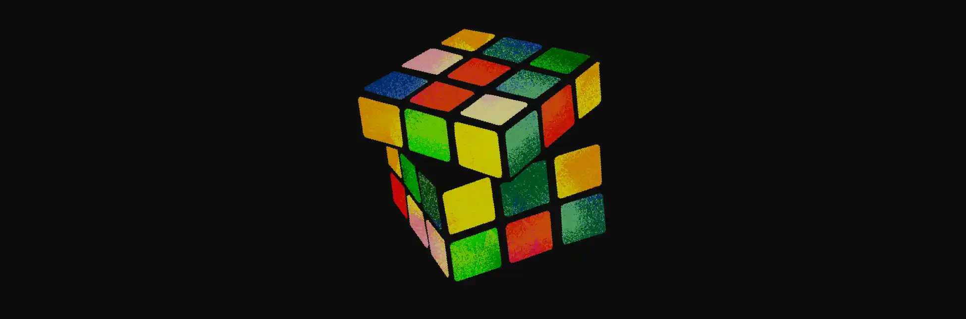 Ilustración. Sobre un fondo negro, en el centro aparece un cubo de Rubik parcialmente desarmado, con piezas flotando alrededor.