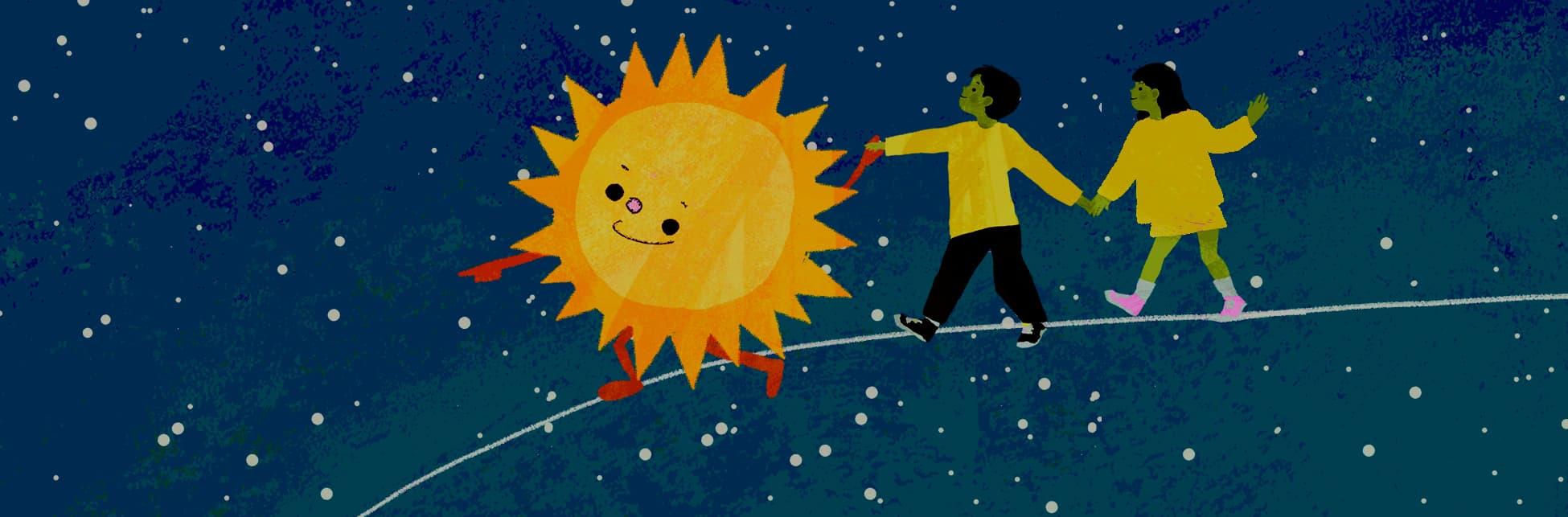 Ilustración. Sobre un fondo azul, un sol con ojos, nariz y boca va sonriendo mientras lleva de la mano a dos niños por una línea blanca.