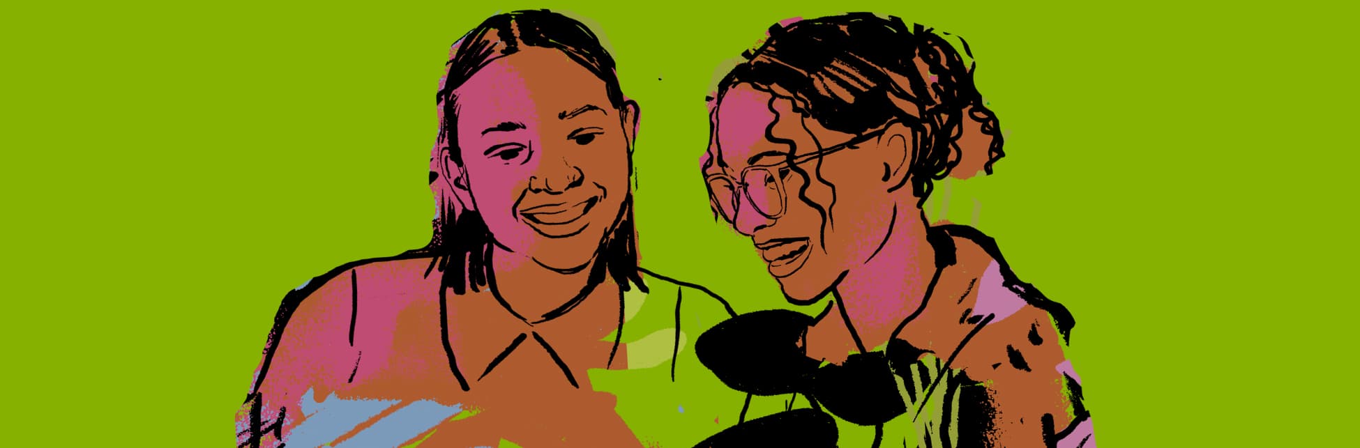 Ilustración. Una mujer con el cabello corto sonríe, mientras que a su lado otra mujer con el cabello crespo y recogido también sonríe, luciendo unas gafas. 