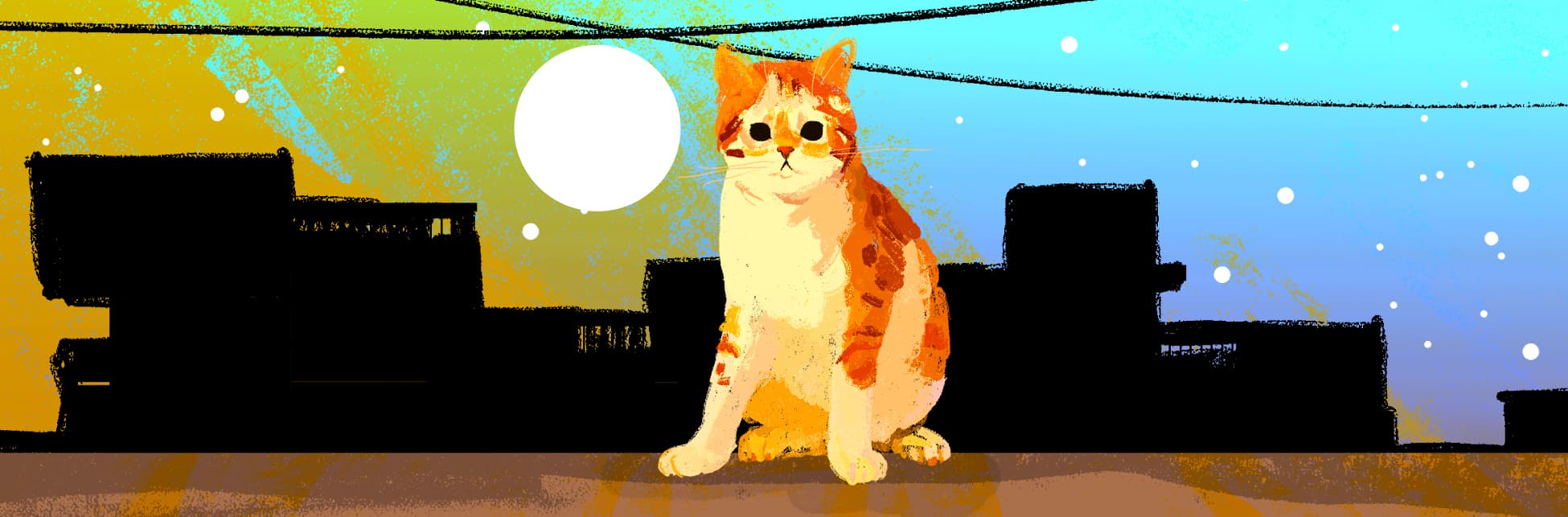 Ilustración. En la parte inferior derecha de la imagen un gato color caramelo y blanco sentado de frente, al fondo la silueta de varios edificios. 