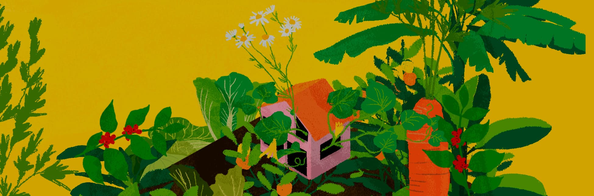 Ilustración. En el centro de la imagen una casa rodeada de una huerta de plantas del doble del tamaño de la casa. 
