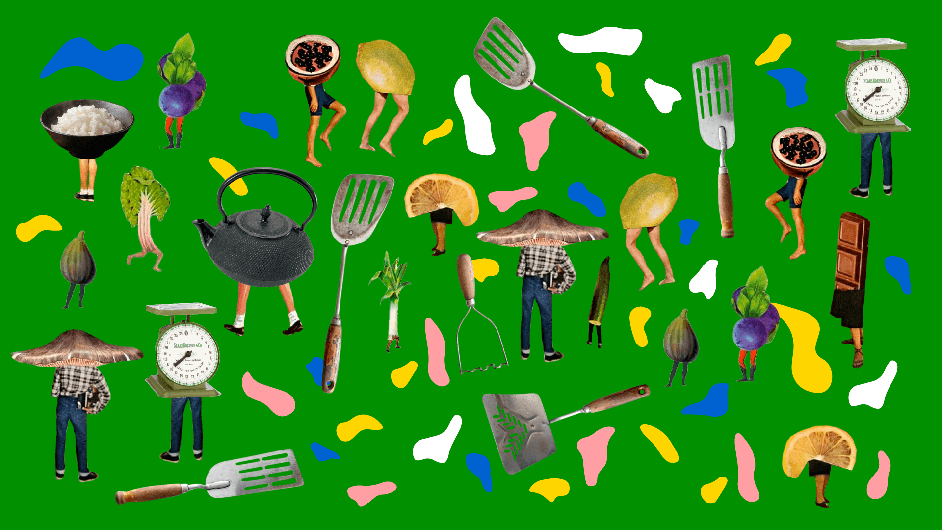 Ilustración. Sobre un fondo sólido aparecen muchos objetos de cocina y alimentos con piernas humanas, tales como un plato de arroz, cebolla, naranja, limón, champiñón, espátulas, gramera, tetera.