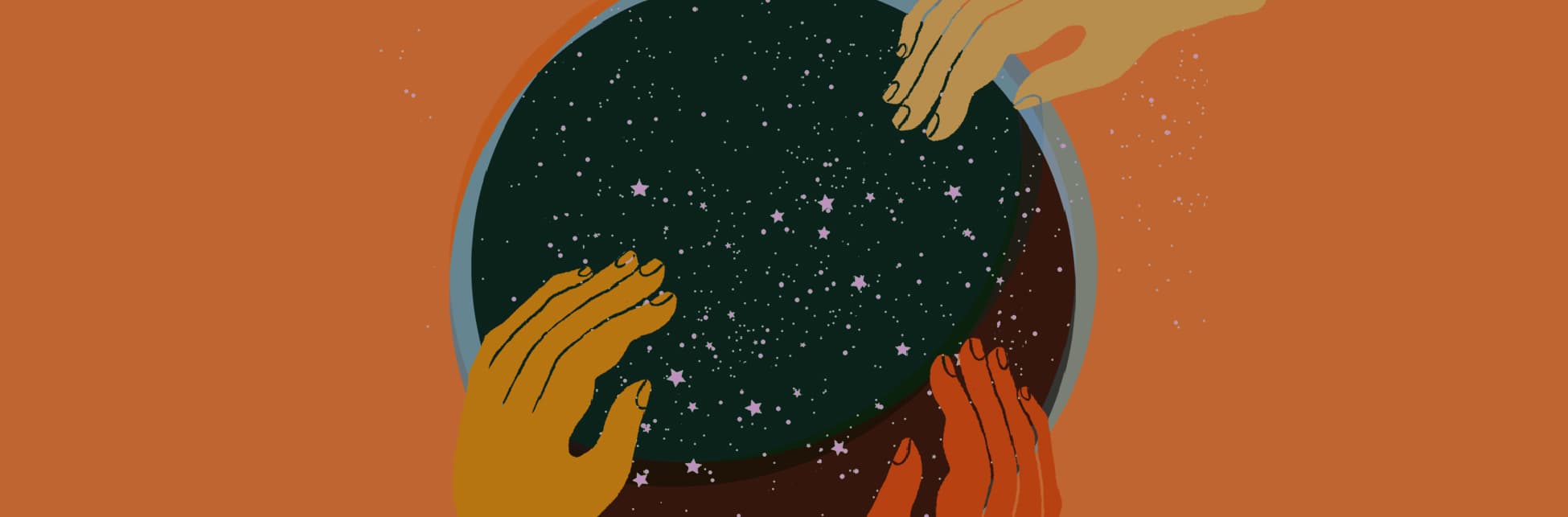 Ilustración. Tres manos se posan sobre un círculo que contiene en su interior las estrellas. 