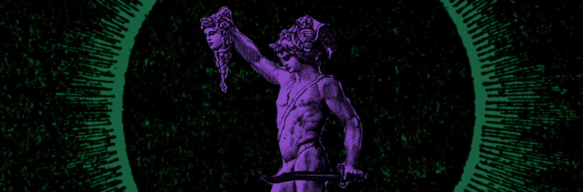 Ilustración. En la parte derecha de la imagen aparece el héreo griego Perseo sosteniendo en alto la cabeza de medusa. Se encuentra de perfil mirando hacia la izquierda. Tiene el torso desnudo. Usa un casco con alas y en su mano derecha porta una espada. 