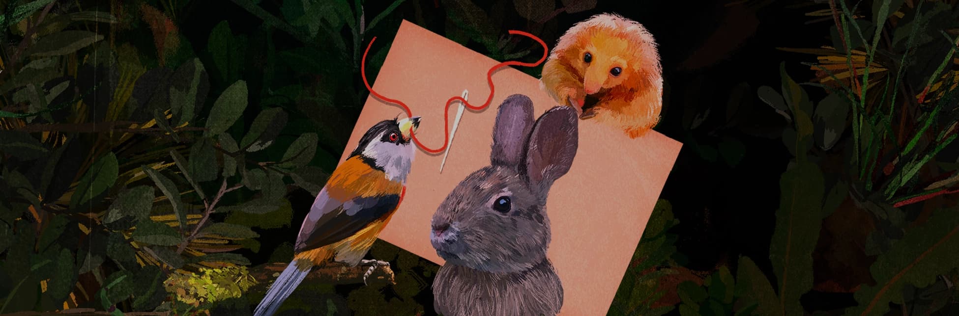 Ilustración sobre fondo oscuro con hojas y vegetación aparecen un pequeño animal peludo sosteniendo un hilo, un ave de colores y un conejo.
