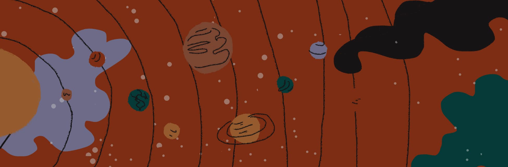 Ilustración horizontal del sistema solar con las órbitas de los planetas dibujadas.