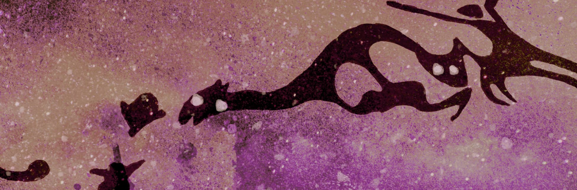 Ilustración. Sobre un cielo negro, púrpura y blanco se ven unas sombras con formas de animales. 