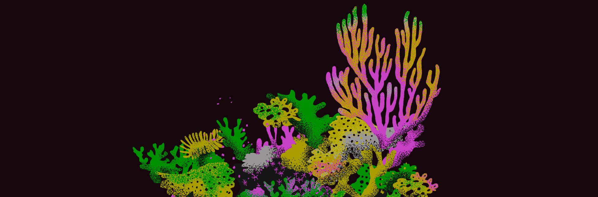 Ilustración. Sobre un fondo negro con corales artificiales de plastilina en colores vibrantes como rosa, amarillo, verde y morado, creando un arrecife de coral.