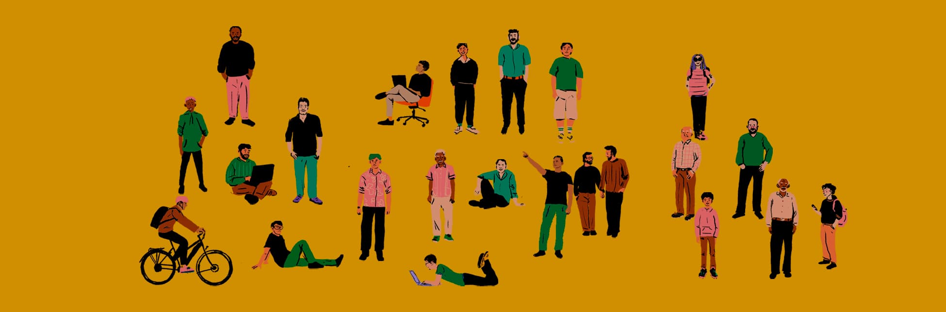 Ilustración. Sobre un fondo amarillo aparecen distribuidas en diferentes espacios de la imagen varias personas de cuerpo entero haciendo diferentes cosas.