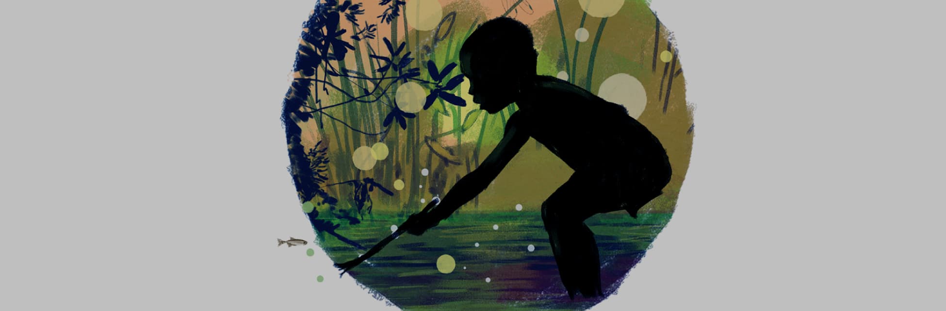 Ilustración. En un círculo se ve la silueta de un niño de perfil inclinado sobre un río, en el fondo se ven algunas plantas y un fondo amarillo. 