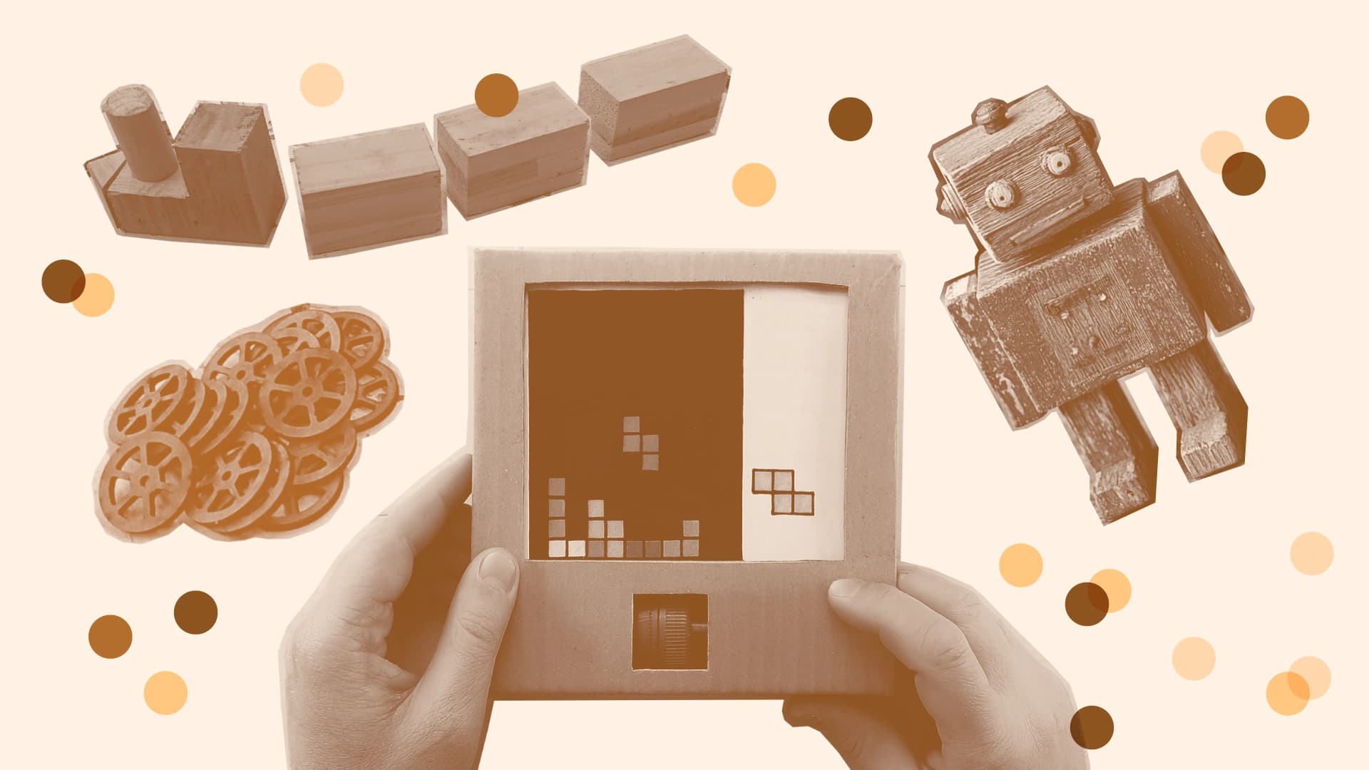 Ilustración. Sobre un fondo claro aparecen varias figuras elaboradas en madera: en la parte superior izquierda, un conjunto de bloques rectangulares con un cilindro vertical; en la parte superior central, tres cajas rectangulares alineadas; en la parte superior derecha, un muñeco con forma de robot de extremidades rectas. En la parte izquierda inferior, se agrupan varias piezas redondas con radios interiores. Al centro, se ven dos manos sosteniendo una caja de cartón con una ventana frontal que muestra figuras cuadradas acomodadas como fichas de un rompecabezas; debajo de la ventana sobresale una perilla circular. Alrededor de todos los elementos flotan puntos de distintos tamaños. No hay textos en la imagen.