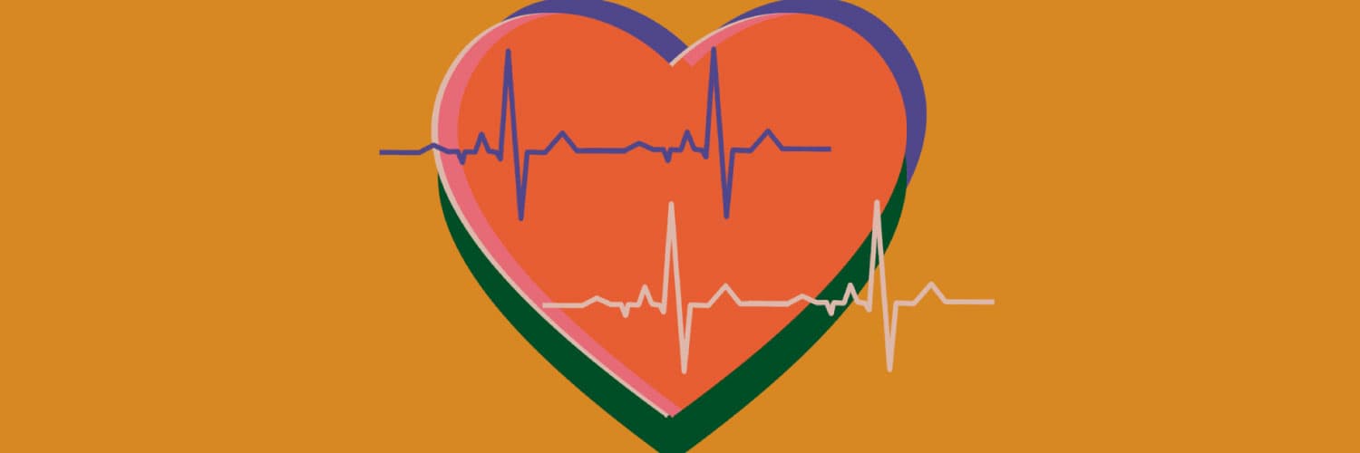 Ilustración. Sobre un fondo anaranjado, se encuentra un corazón grande en tonos rosados y naranjas, rodeado por líneas de electrocardiograma en azul y blanco.






