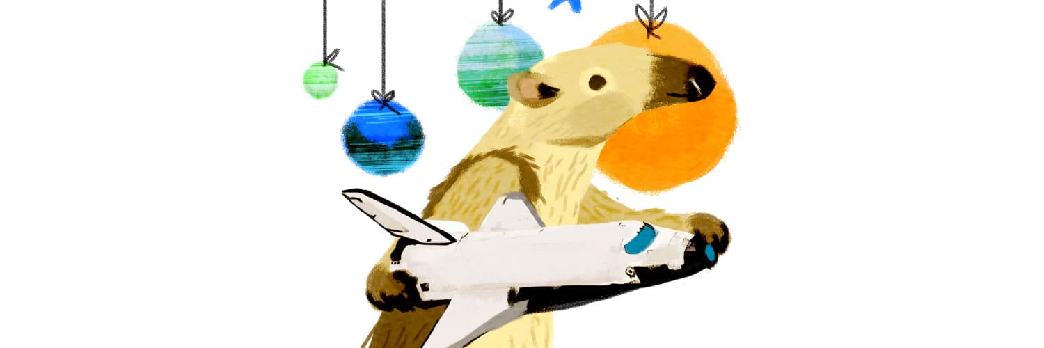 Ilustración. Un oso hormiguero de cuerpo completo y de perfil mirando hacia la derecha. Está parado sobre sus patas traseras y con las patas delanteras sostiene una nave espacial tres veces más pequeñas que él. Arriba de él, un móvil del que cuelgan esferas con aspecto de planetas.