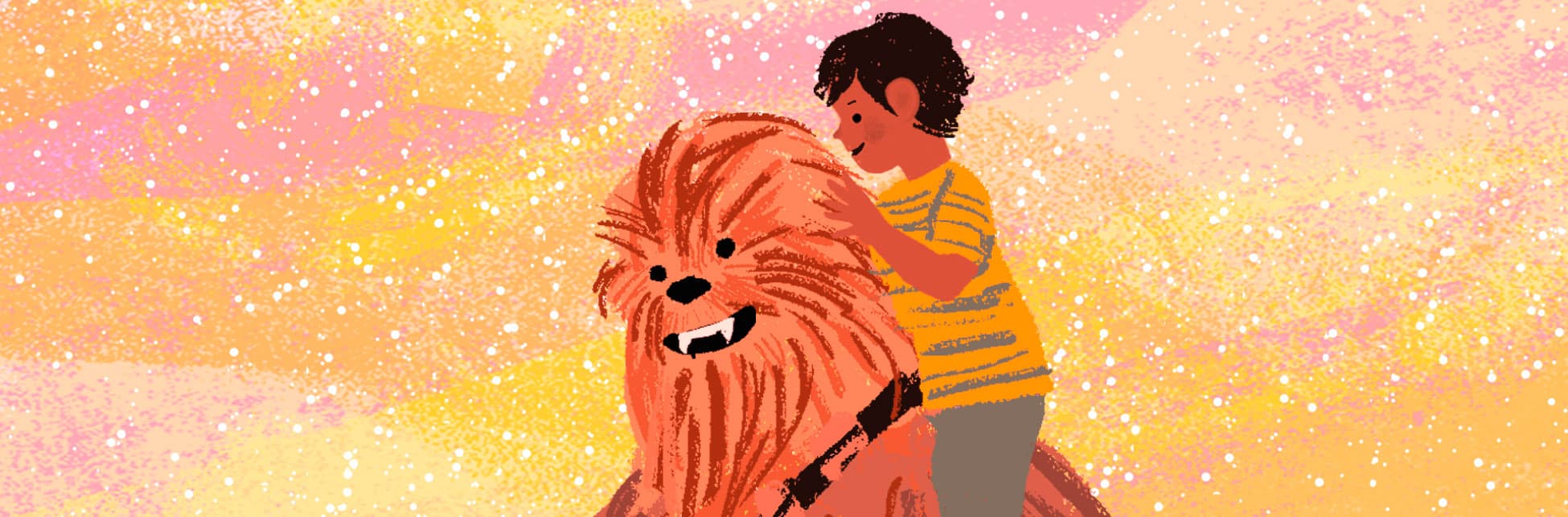 Ilustración. Sobre un fondo en tonos naranjas y rosados con puntos blancos de diferentes tamaños aparece en la parte inferior de la imagen un monstruo peludo color naranja que sonríe y tiene colmillos afilados, sobre sus hombros un niño. 