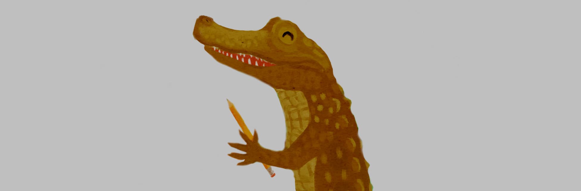Ilustración. En la parte derecha de la imagen un cocodrilo de pie y de perfil, con ambas patas delanteras sostiene un lápiz. 