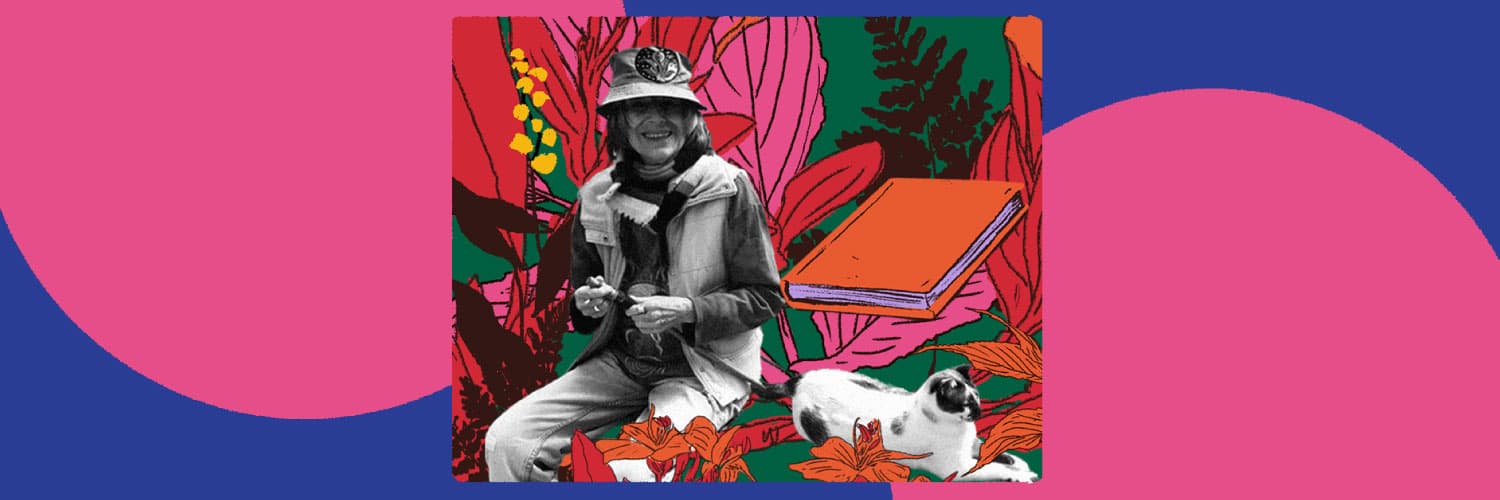 Collage. En la parte inferior de la imagen un recuadro que tiene dentro una mujer sentada de cuerpo completo y de frente, tiene una sonrisa en el rostro. Usa un gorro pescador, una chaqueta y sostiene entre ambas manos un objeto alargado y cilíndrico. A su lado un gato. Al fondo varias plantas y un libro con pasta anaranjada.
