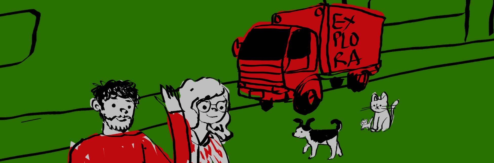 Ilustración. Un hombre y un mujer, saludando con la mirada dirigida al frente, detrás de ellos hay un camión rojo con unas letras sobre el que dicen "Explora". A su alrededor hay un perrito y un gatito. 
