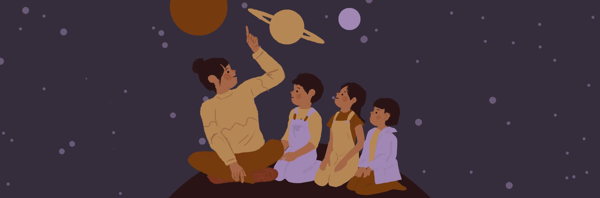 Ilustración. Sobre un fondo estrellado aparece una mujer sentada con las piernas cruzadas señalando sobre su cabeza al planeta Saturno, a la izquierda de ella, tres niñas y niños la observan con atención. 